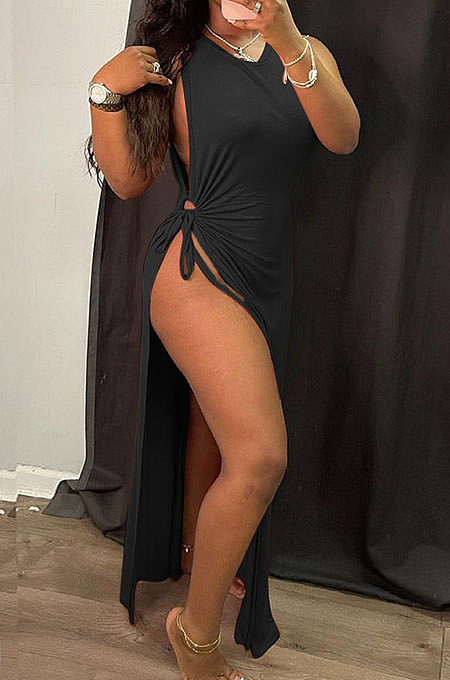 Black Solid Color Women High Waits Hollow Out Split Cross Trendy Sleeveless Long Dress MA6729-2