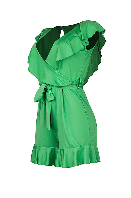 Green Euramerican Women Solid Color Sexy Flounce V Collar Romper Shorts MA6728-1