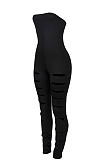 Black Women Sleeveless Solid Color Strapless Hole  Bodycon Jumpsuits MA6725-1