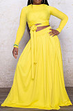 Orange Euramerican Women Casual Fashion Long Sleeve Solid Color Tied Skirts Sets PH13251-4