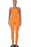 Orange Euramerican Women Sexy Strapless Ruffle Tied Pure Color Bodycon Jumpsuits MA6726-1