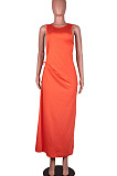 Blue Solid Color Women High Waits Hollow Out Split Cross Trendy Sleeveless Long Dress MA6729-4