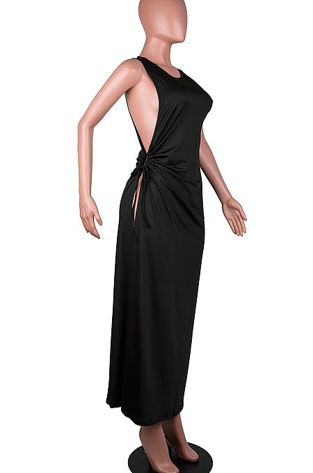 Blue Solid Color Women High Waits Hollow Out Split Cross Trendy Sleeveless Long Dress MA6729-4
