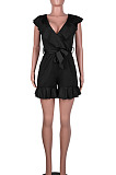 Black Euramerican Women Solid Color Sexy Flounce V Collar Romper Shorts MA6728-2