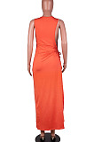 Russet-Red Solid Color Women High Waits Hollow Out Split Cross Trendy Sleeveless Long Dress MA6729-1