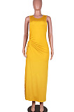 Russet-Red Solid Color Women High Waits Hollow Out Split Cross Trendy Sleeveless Long Dress MA6729-1