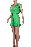 Black Euramerican Women Solid Color Sexy Flounce V Collar Romper Shorts MA6728-2