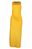 Yellow Solid Color Women High Waits Hollow Out Split Cross Trendy Sleeveless Long Dress MA6729-3