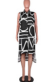 Black Women Euramerican Fashion Printing Irregular Single-Breasted Sleeveless T Shirt/Shirt Dress MA6731-1