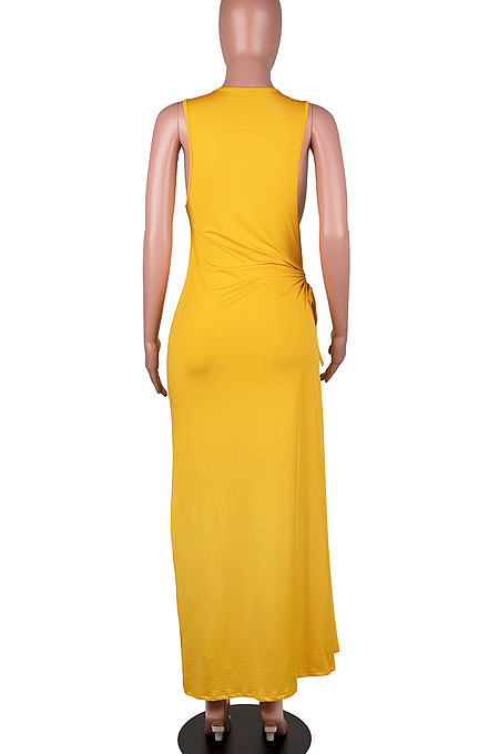 Black Solid Color Women High Waits Hollow Out Split Cross Trendy Sleeveless Long Dress MA6729-2