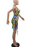 Red Sexy Backless Halter Neck Crop Ruffle Drawsting Printing Mini Dress QMX1004