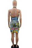 Red Sexy Backless Halter Neck Crop Ruffle Drawsting Printing Mini Dress QMX1004