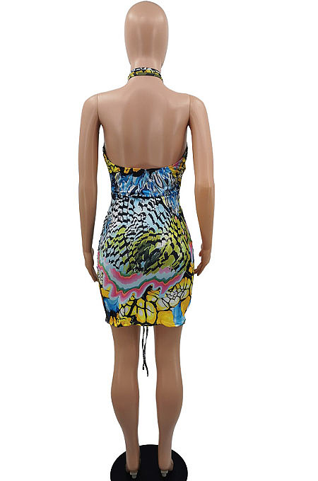 Red Sexy Backless Halter Neck Crop Ruffle Drawsting Printing Mini Dress QMX1004