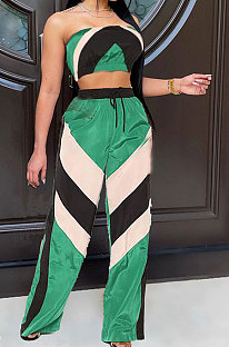 Neon Green Women Fashion Sexy Strapless Tops Printing Sport Casual Pants Sets QMX1005
