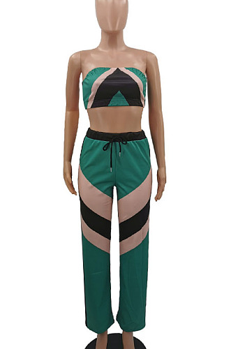 Neon Green Women Fashion Sexy Strapless Tops Printing Sport Casual Pants Sets QMX1005