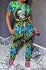 Green Hip Raise Bodycon Ruffle Printing Hole Casual Sport Bandage Pants Sets MY9629-4