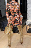 Brown Euramerican Women Long Sleeve LUCK Printing Hole Mid Waist Mini Dress QMX1013