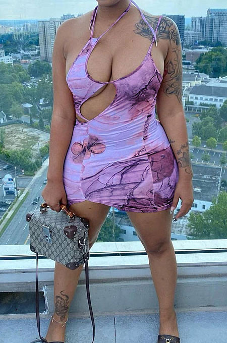 Pink Women Sexy Condole Belt Halter Neck Backless Hollow Out Printing Mini Dress QMX1007