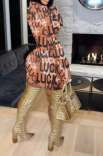 Brown Euramerican Women Long Sleeve LUCK Printing Hole Mid Waist Mini Dress QMX1013