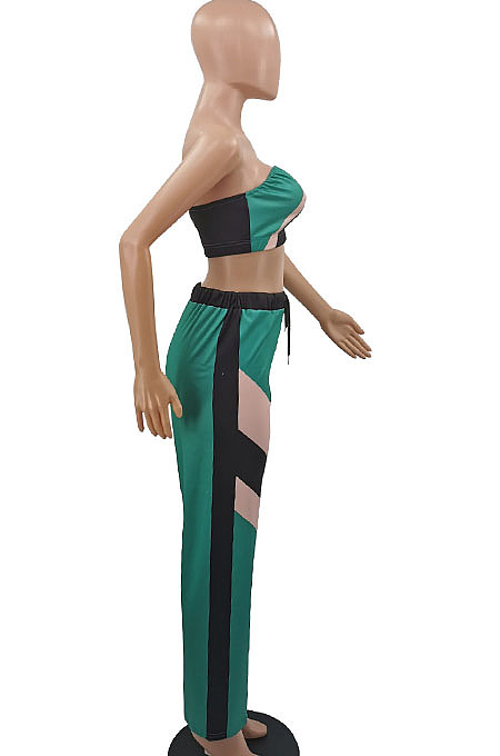 Neon Green Women Fashion Sexy Strapless Tops Printing Sport Casual Pants Sets QMX1005