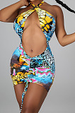 Red Sexy Backless Halter Neck Crop Ruffle Drawsting Printing Mini Dress QMX1004