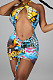 Red Sexy Backless Halter Neck Crop Ruffle Drawsting Printing Mini Dress QMX1004