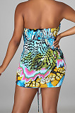 Red Sexy Backless Halter Neck Crop Ruffle Drawsting Printing Mini Dress QMX1004