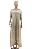 Blue Euramerican Women Irregular Lower Hem Long Sleeve Pure Color Long Dress JR3642-3
