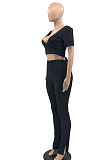 Orange Women Ribber Short Sleeve V Collar Tiede Solid Color Split Pants Sets JR3643-3
