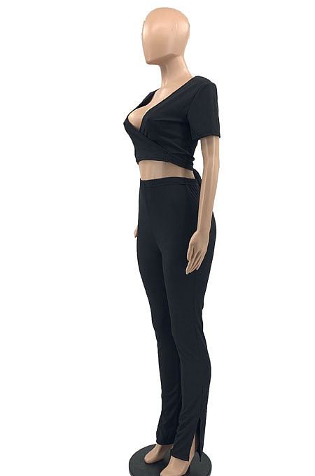 Orange Women Ribber Short Sleeve V Collar Tiede Solid Color Split Pants Sets JR3643-3