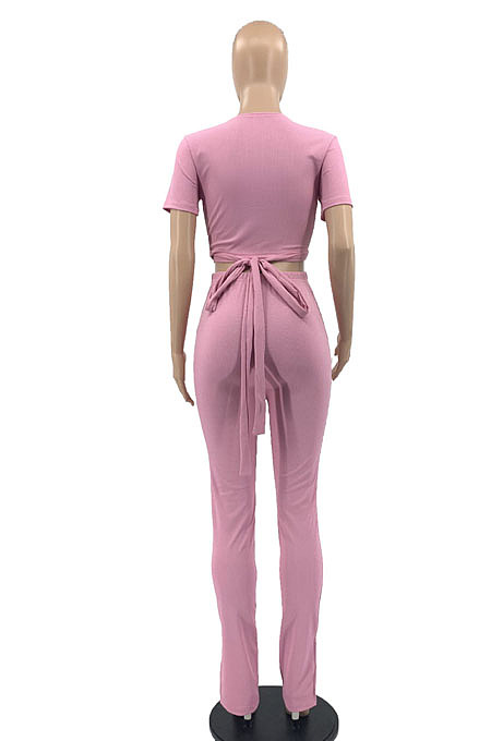 Black Women Ribber Short Sleeve V Collar Tied Solid Color Split Pants Sets JR3643-1
