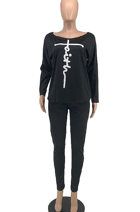Gray Women Trendy Oblique Shoulder Letters Printing Casual Sport Pants Sets YFS10025-1