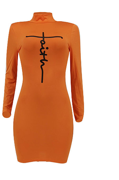 White Women Long Sleeve Letters Printing Pure Color Mid Waist Mini Dress YBS86733-1
