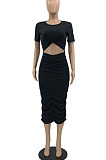 Black Euramerican Women Solid Color Short Sleeve Round Collar Mid Waist Ruffle Midi Dress JR3640-1