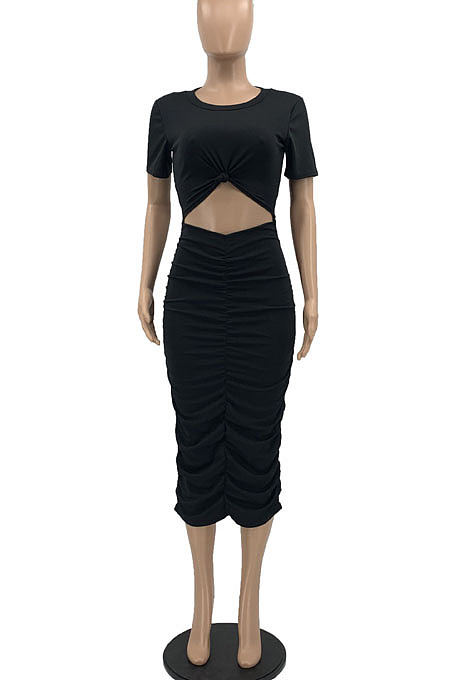 Black Euramerican Women Solid Color Short Sleeve Round Collar Mid Waist Ruffle Midi Dress JR3640-1