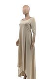 Blue Euramerican Women Irregular Lower Hem Long Sleeve Pure Color Long Dress JR3642-3