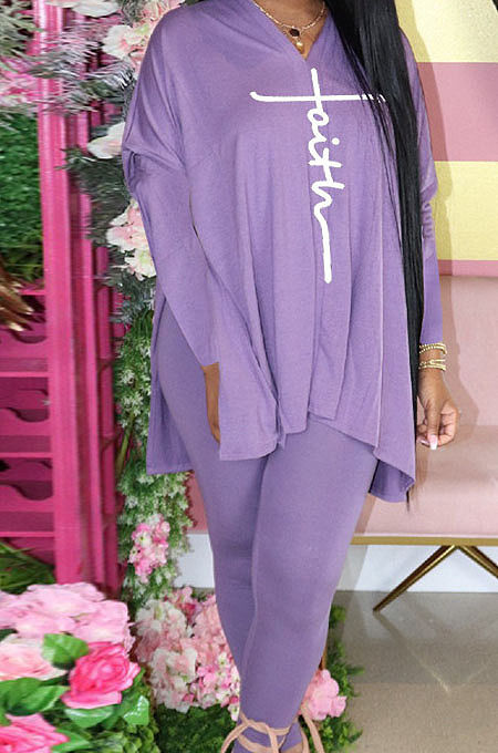 Purple Euramerican Women Autumn Winter Fashion Sexy Solid Color V Collar Printing Pants Sets YBS86735-2
