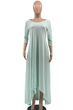Blue Euramerican Women Irregular Lower Hem Long Sleeve Pure Color Long Dress JR3642-3