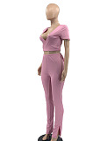 Pink Women Ribber Short Sleeve V Collar Solid Color Tied Split Pants Sets JR3643-2
