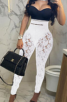 White Autumn Lace Spliced Collect Waist Bodycon Hip Raise Pencil Pants BLG44970-1