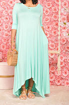Blue Euramerican Women Irregular Lower Hem Long Sleeve Pure Color Long Dress JR3642-3