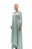Blue Euramerican Women Irregular Lower Hem Long Sleeve Pure Color Long Dress JR3642-3