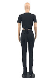 Orange Women Ribber Short Sleeve V Collar Tiede Solid Color Split Pants Sets JR3643-3