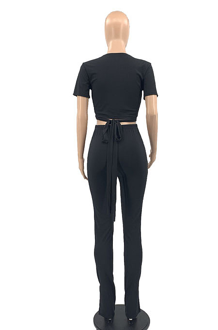 Orange Women Ribber Short Sleeve V Collar Tiede Solid Color Split Pants Sets JR3643-3