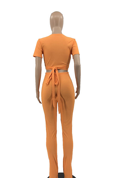Orange Women Ribber Short Sleeve V Collar Tiede Solid Color Split Pants Sets JR3643-3