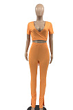 Orange Women Ribber Short Sleeve V Collar Tiede Solid Color Split Pants Sets JR3643-3