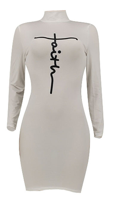 White Women Long Sleeve Letters Printing Pure Color Mid Waist Mini Dress YBS86733-1