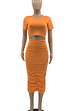 Orange Euramerican Women Solid Color Short Sleeve Round Collar Mid Waist Ruffle Midi Dress JR3640-2