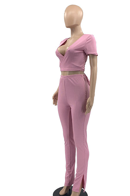 Black Women Ribber Short Sleeve V Collar Tied Solid Color Split Pants Sets JR3643-1