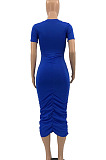 Black Euramerican Women Solid Color Short Sleeve Round Collar Mid Waist Ruffle Midi Dress JR3640-1